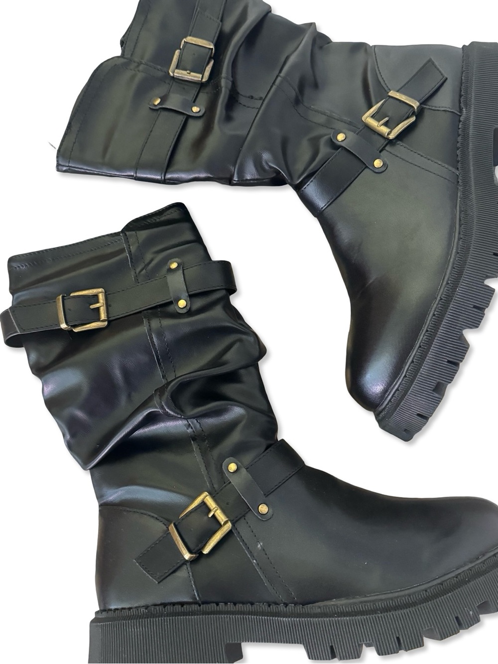 Black Moto Combat Boots Buckle Strap Lug Sole Mid Calf NWOT - Picture 9 of 11